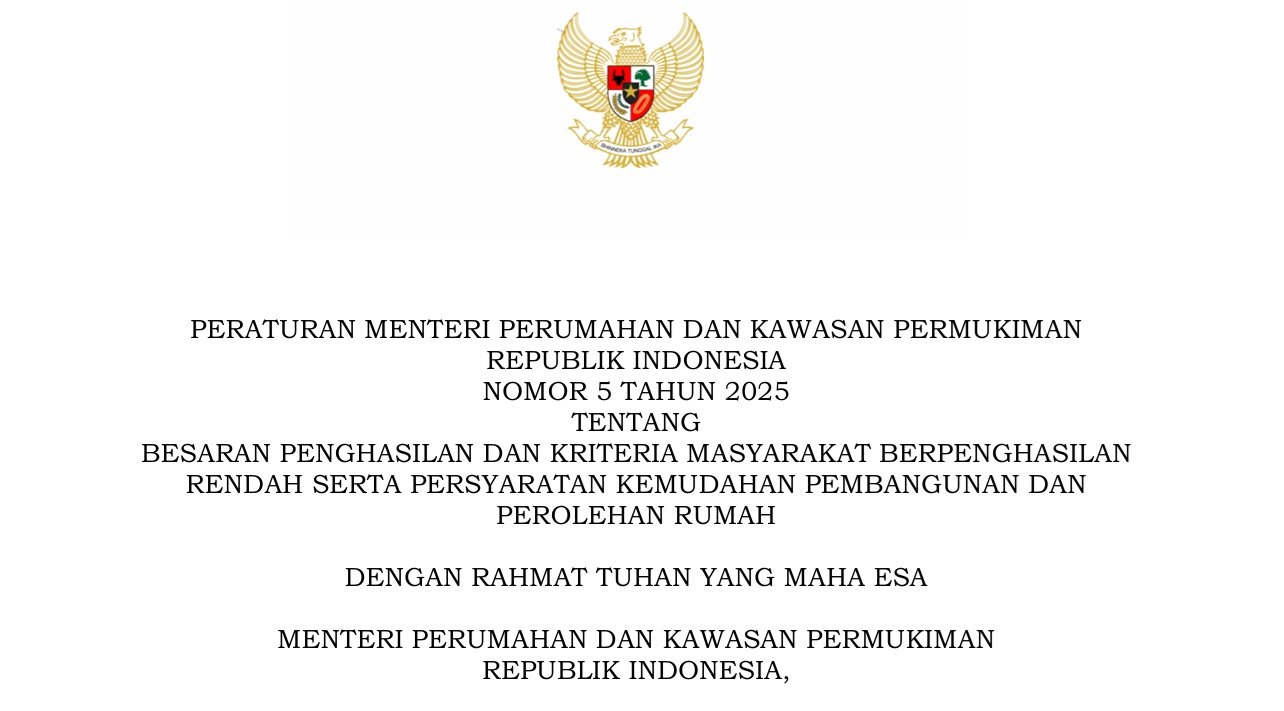 Isi Lengkap Permen PKP No 5 Tahun 2025 soal Penghasilan MBR